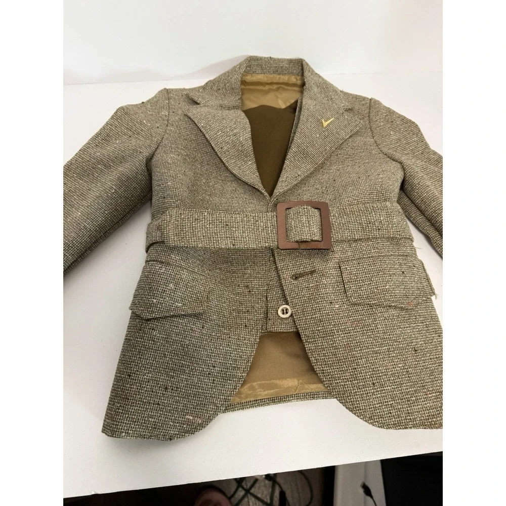 Vintage Mens Brown Herringbone Tweed Belted Jacket and Vest Set 1940s 50s Style